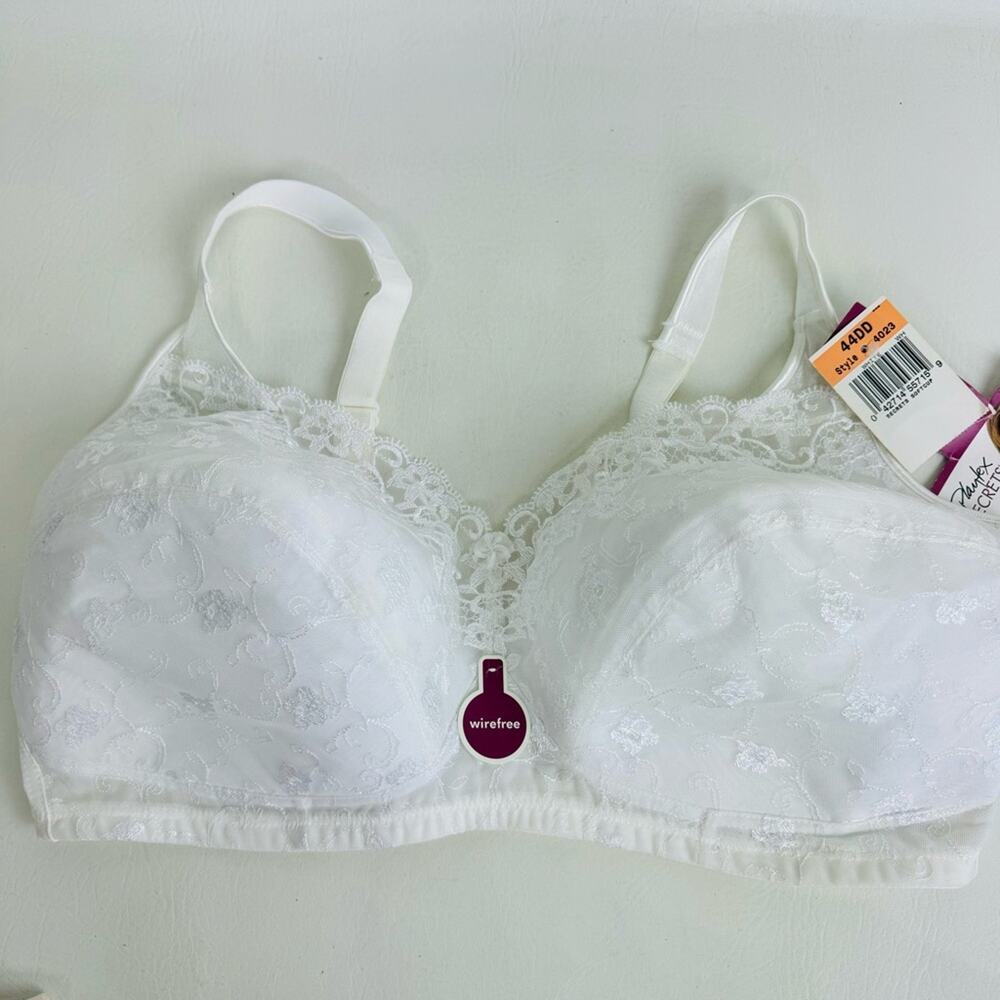 Playtex Secrets Bra White Jasmine Embroidery Lace Lined Wirefree‎ Size 44D